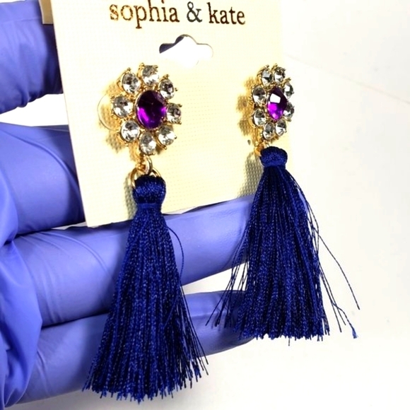 Gold-tone Clear and Purple Crystal Drop Dangle Blue Tassel Earrings - Picture 3 of 9